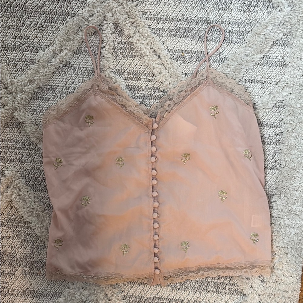 Embroidered Lace Trim Camisole Top - Pink